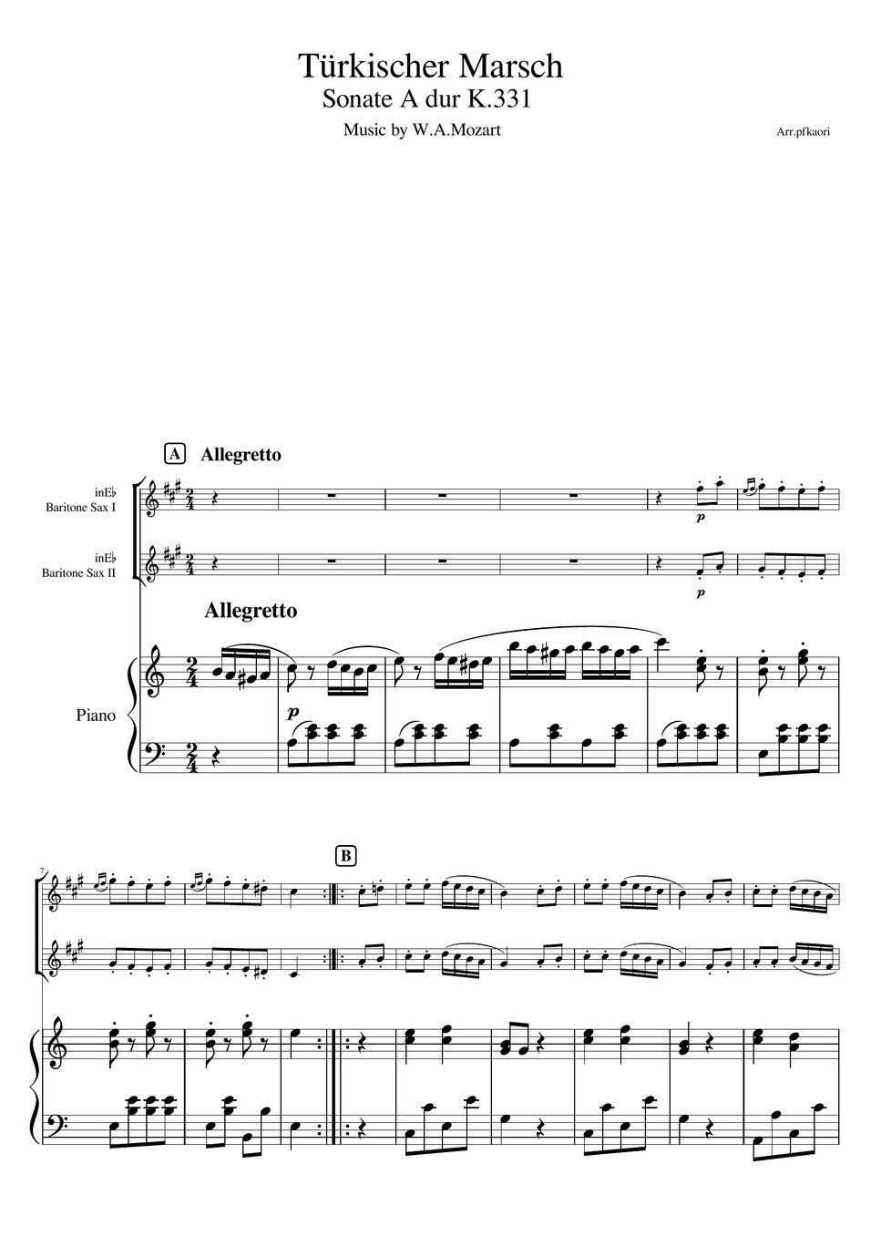 Mozart Turkish March (Baritone Sax duetpianotrio) Sheets by pfkaori