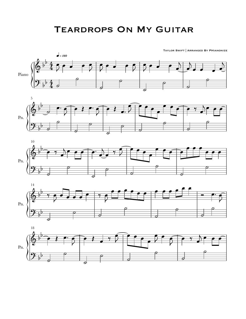 Taylor Swift Teardrops On My Guitar (Easy) Sheets by PHianonize