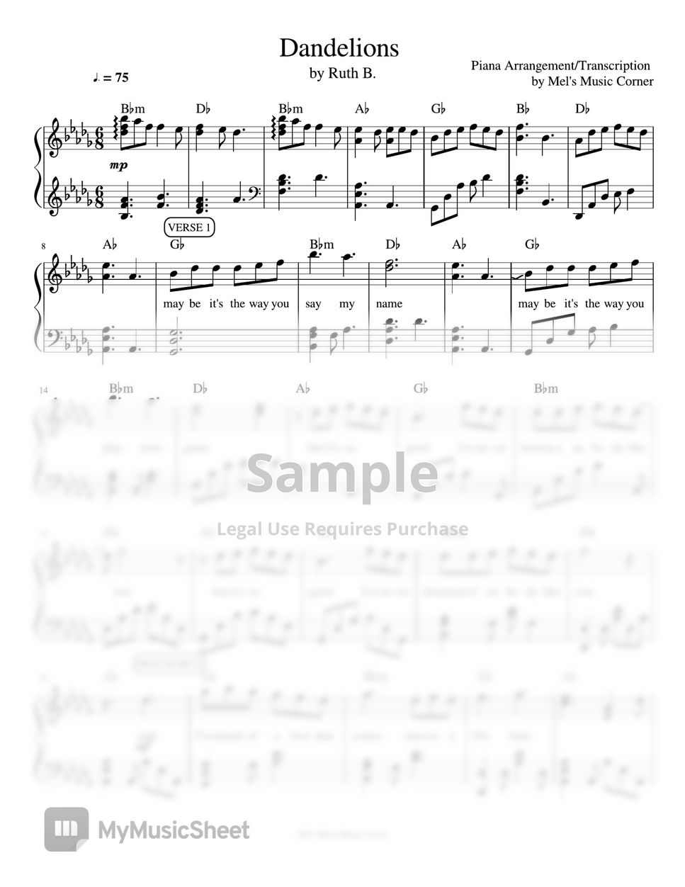 Ruth B. - Dandelions (piano sheet music) by Mel Music Corner