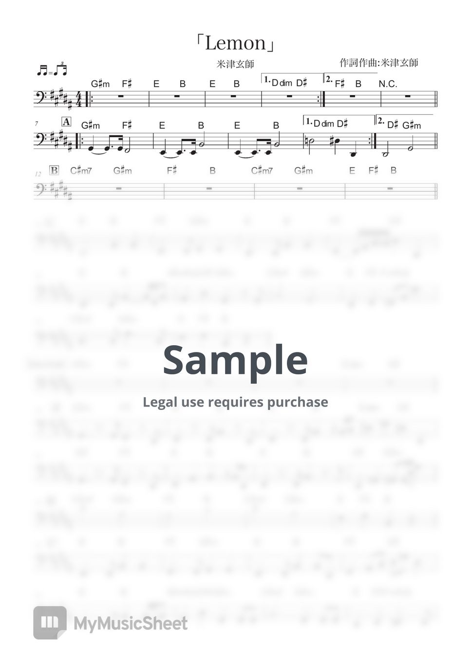 Kenshi Yonezu - lemon (Bass/Only Staff Notation/5 Strings Bass) by Kidorin