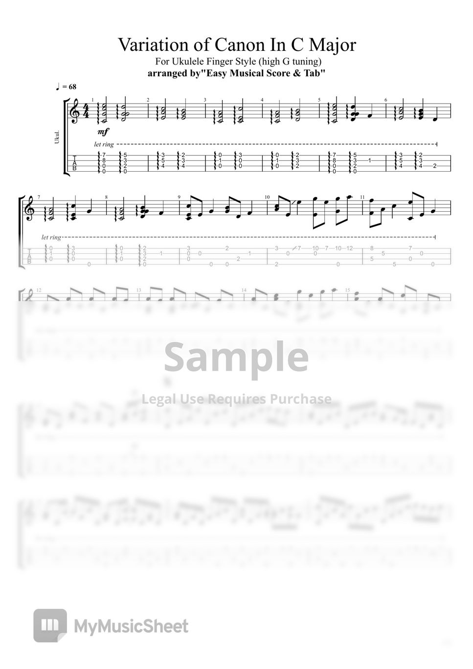 Johann Pachelbel - "Variation of Canon" In C for Ukulele Finger Style (high G tuning) by EMST