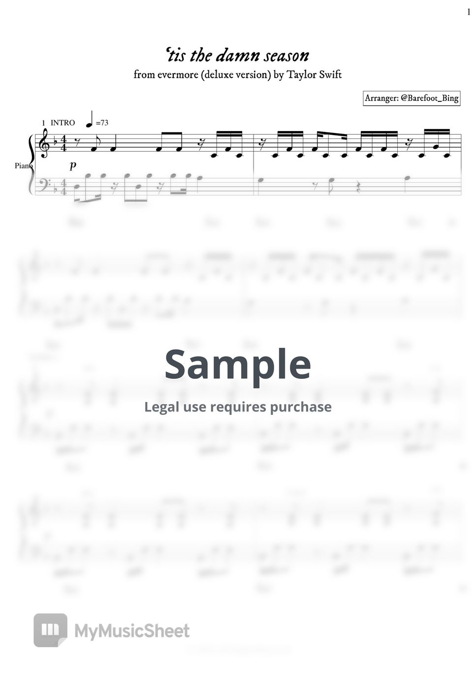 Taylor Swift - 'tis the damn season Sheet Music by Barefoot Bing