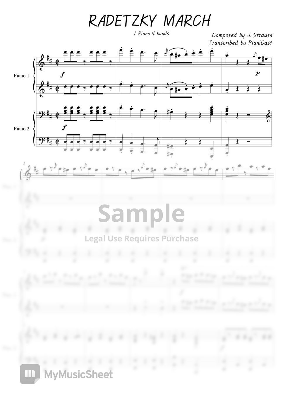 Radetzky March - J. Strauss 1 Piano 4 Hands Duet Sheet