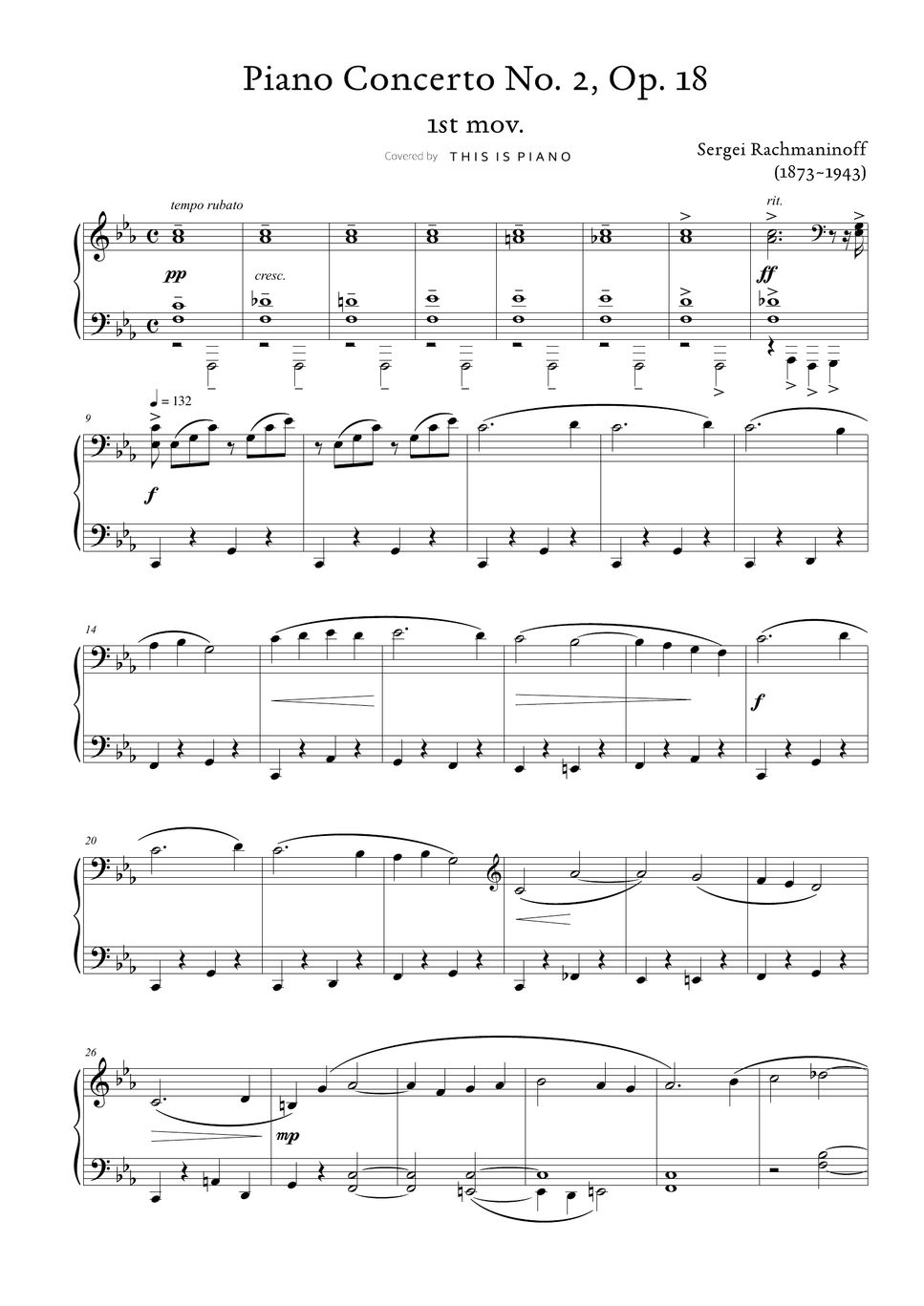 S rachmaninoff piano concerto no 2 op 18 1st mov easy version