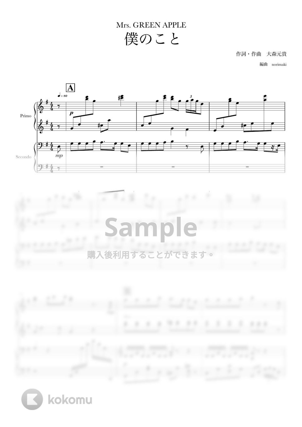 Mrs. GREEN APPLE - 僕のこと (ピアノ連弾) by norimaki