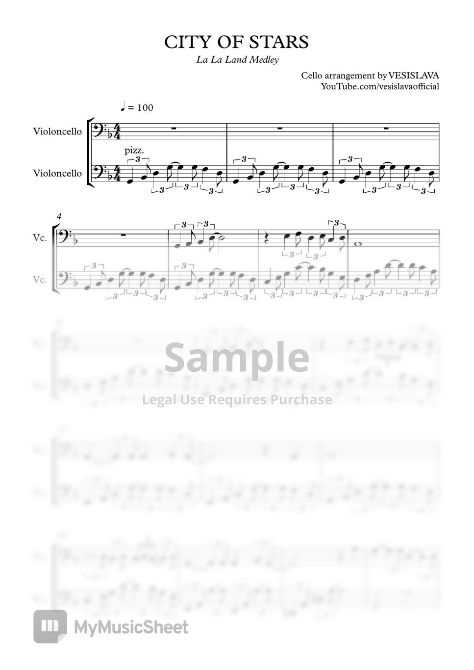 City of Stars (from La La Land) sheet music for cello solo (PDF)