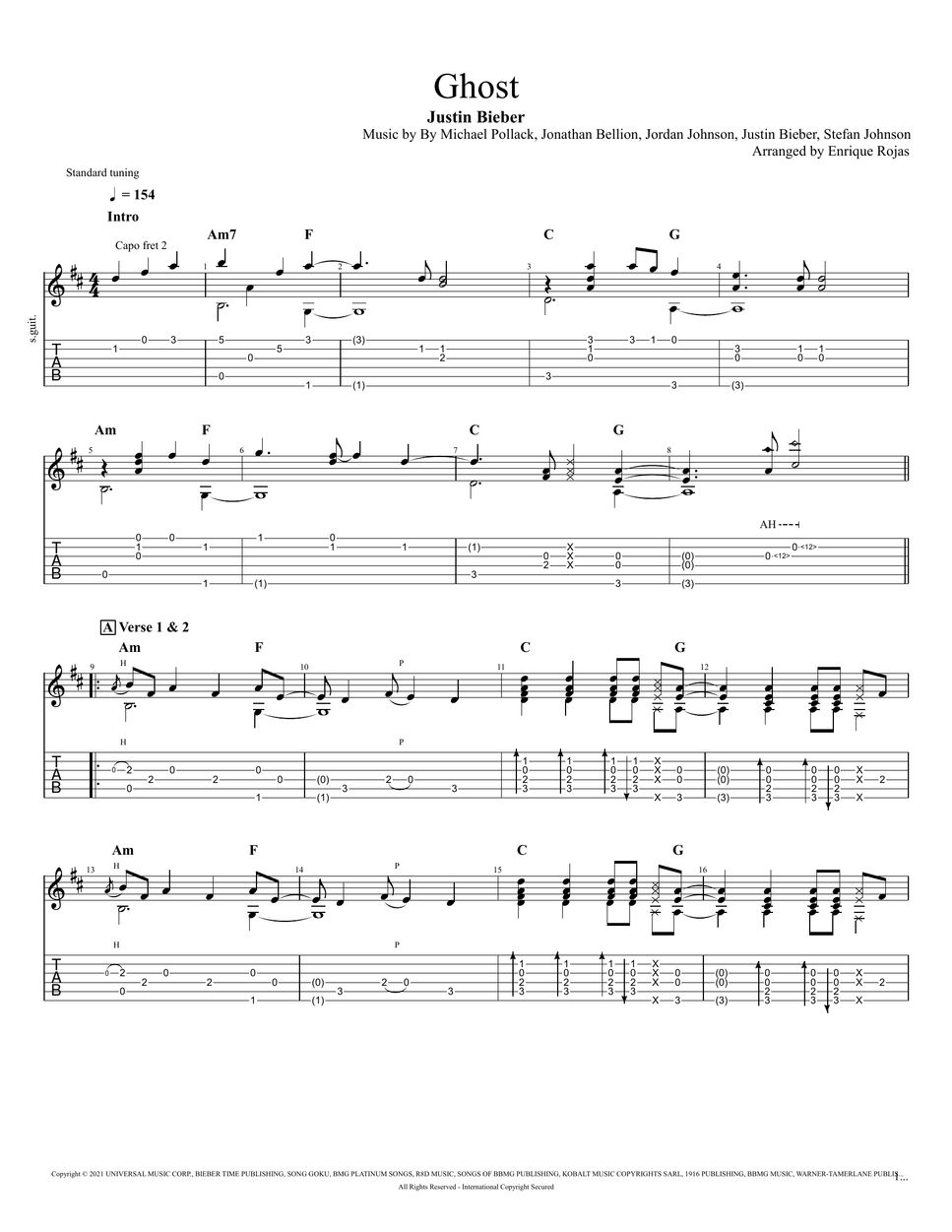 Justin Bieber - Ghost (Fingerstyle Guitar) Tab + 단선 악보 by Enrique Rojas