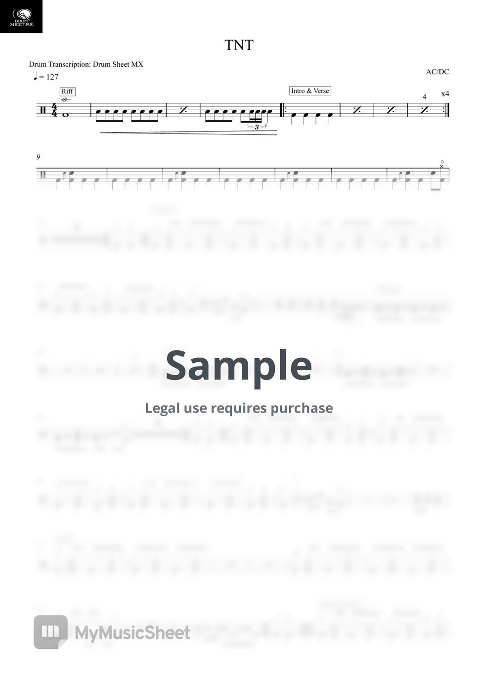 AC/DC - TNT 악보 by Drum Transcription: Drum Sheet MX