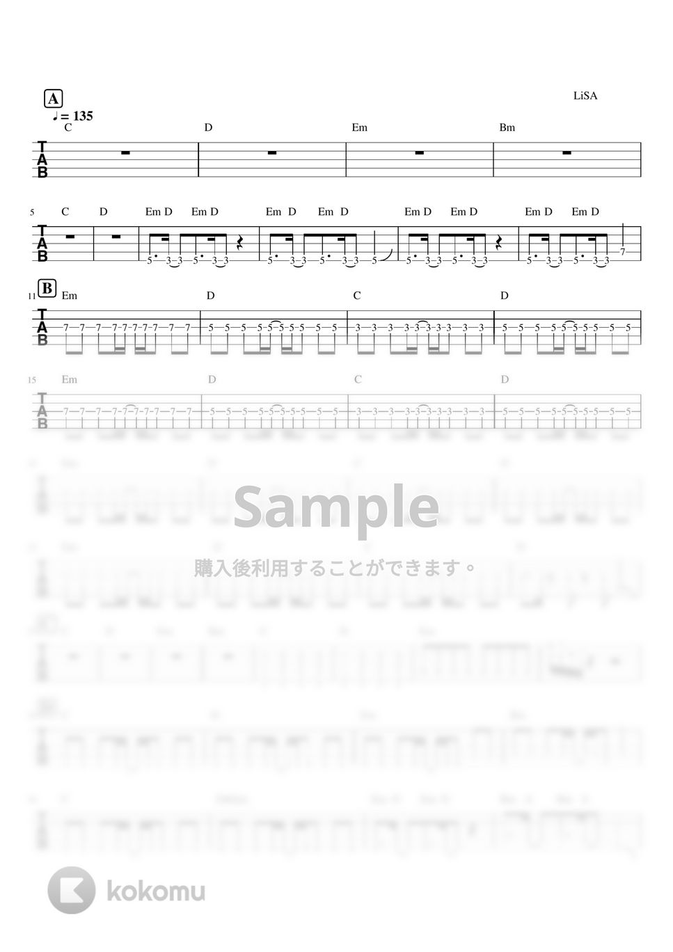 LiSA - 紅蓮華 (５弦ベースTAB譜) by ベースライン研究所たぺ