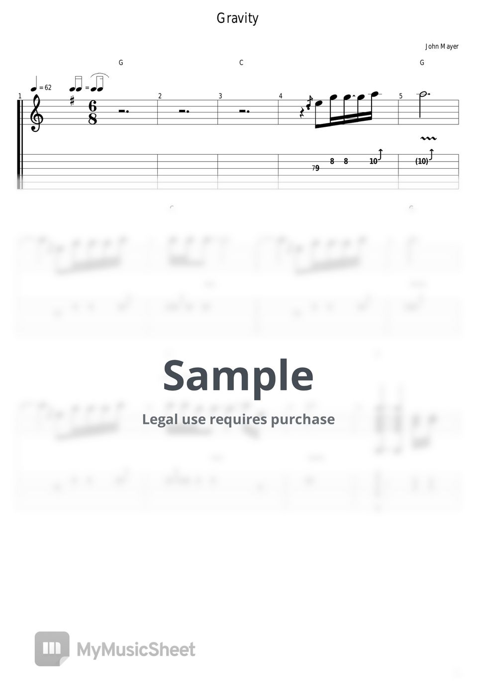 John Mayer - Gravity Tab + 1staff by guitar cover with tab