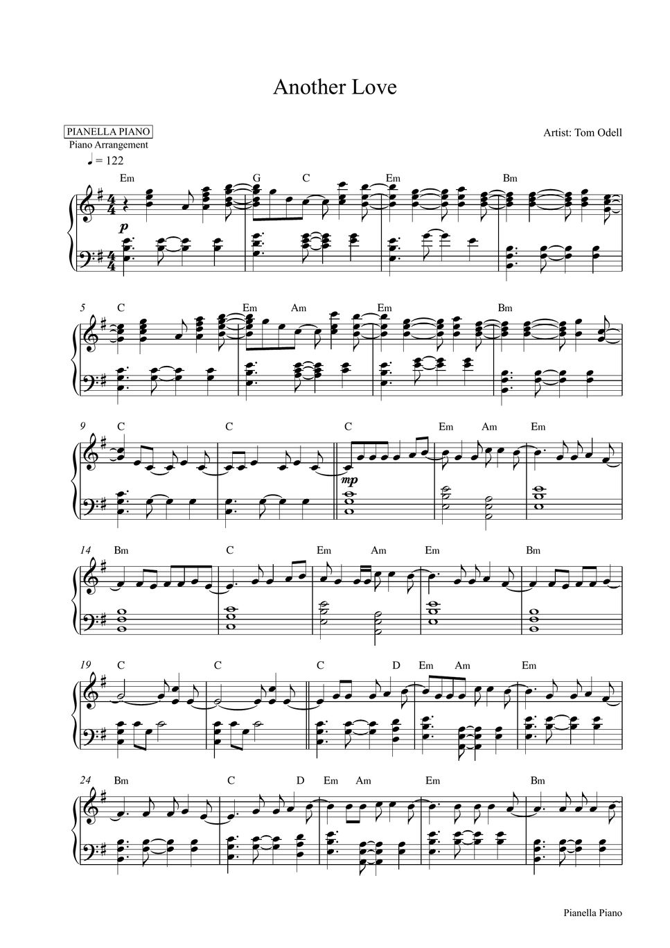 Tom Odell Another Love (Piano Sheet) Sheet by Pianella Piano