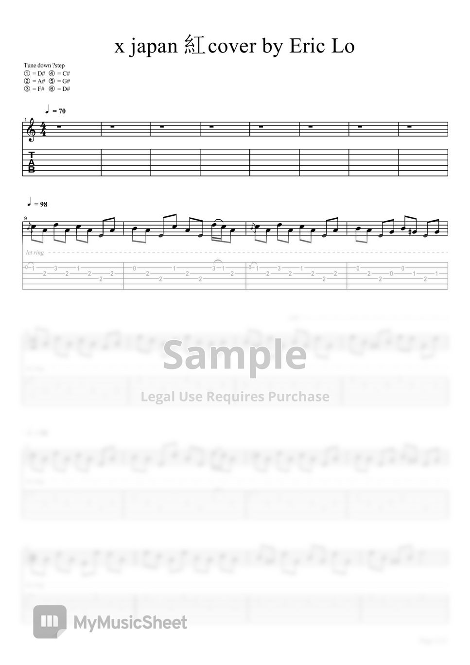 x japan 紅 Kurenai guitar cover Tab + 단선 악보 by eric lo