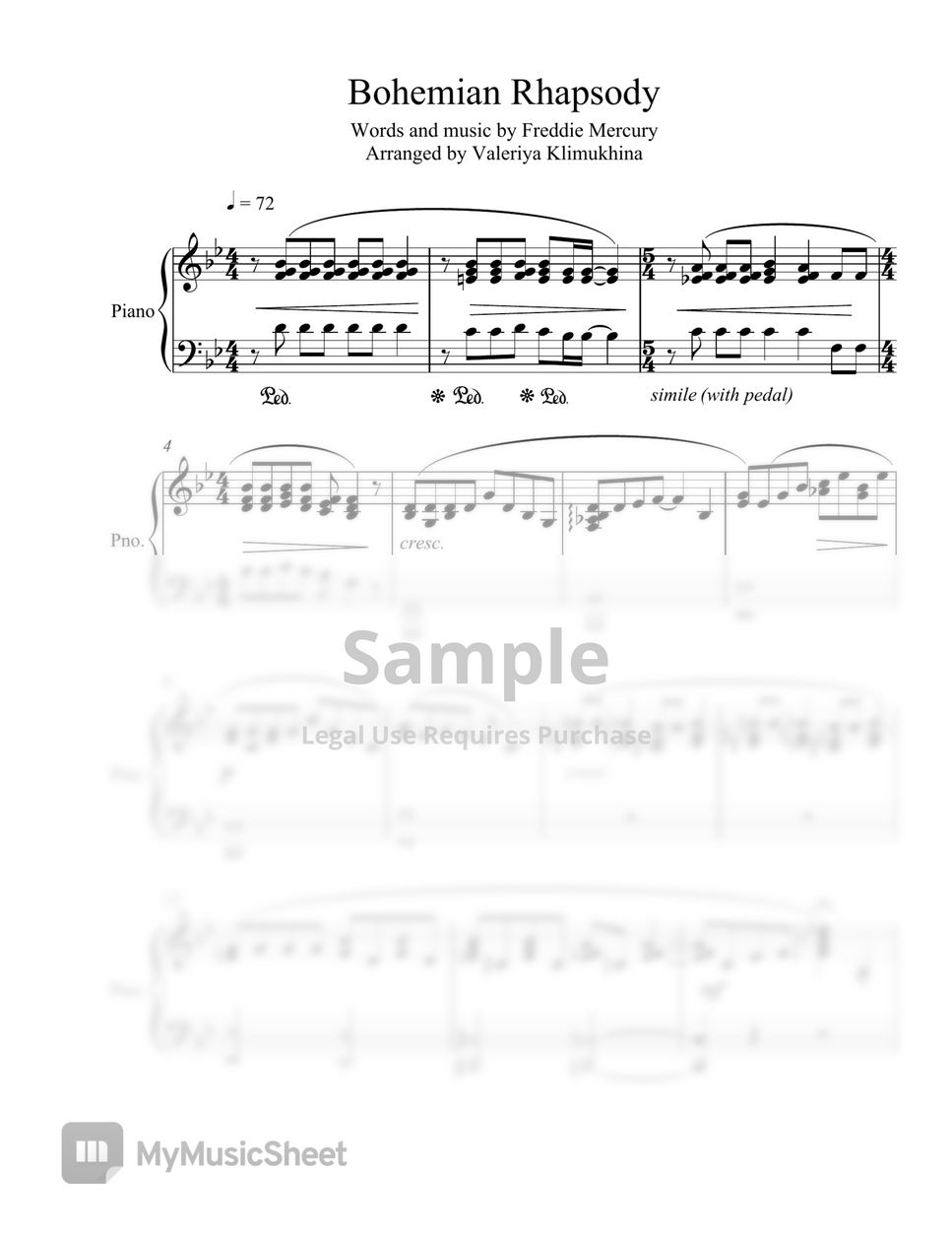 Queen - Bohemian Rhapsody (for Piano Solo) Sheets