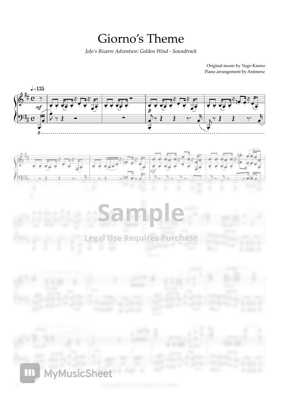 JoJo's Bizarre Adventure Golden Wind OST:Giorno's theme Sheet music for  Piano (Solo)