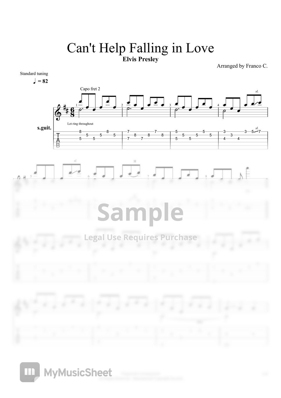 Elvis Presley Cant Help Falling In Love Fingerstyle Sheets By Franco C 6214