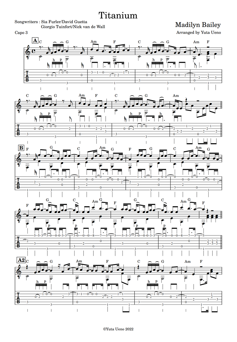 David Guetta ft. Sia Titanium (Madilyn Bailey ver.) by Yuta Ueno Tab