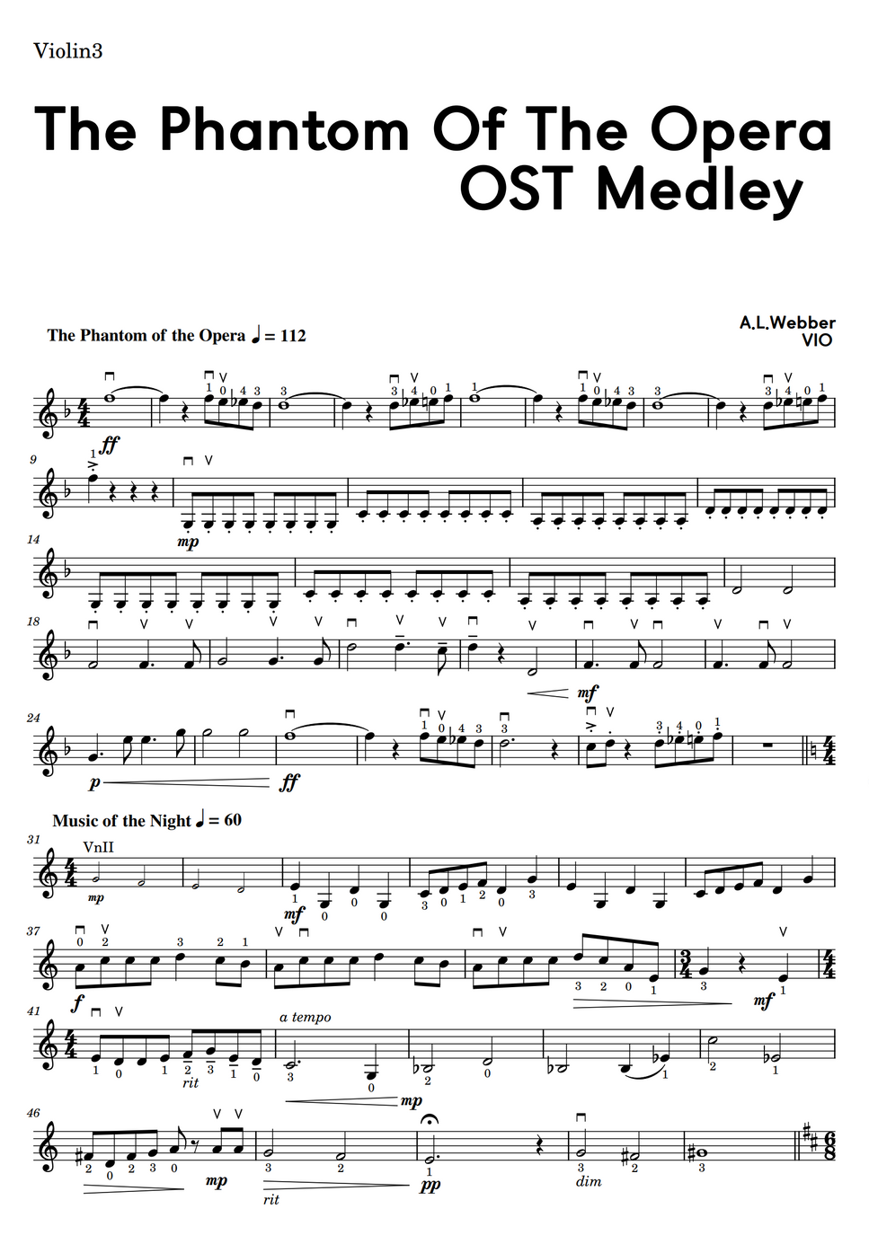 Andrew Lloyd Webber The Phantom Of The Opera OST Medley (for 4 Violin
