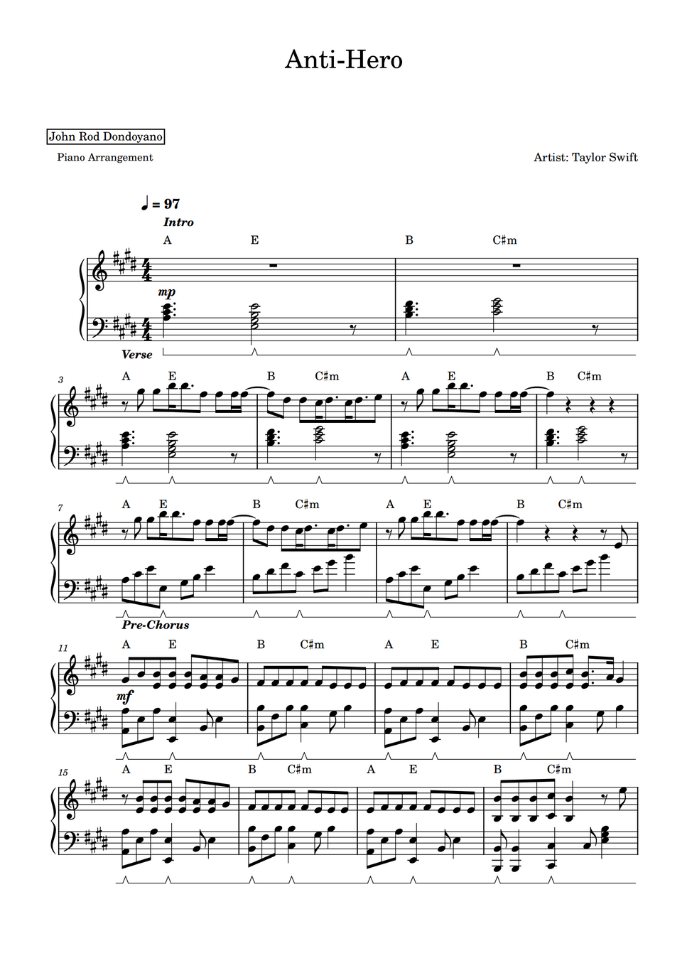 Taylor Swift AntiHero (PIANO SHEET) by John Rod Dondoyano Sheet