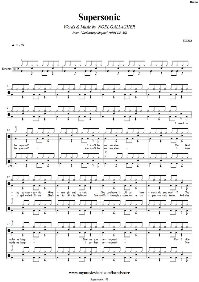 Oasis Supersonic Drums Sheet Music 