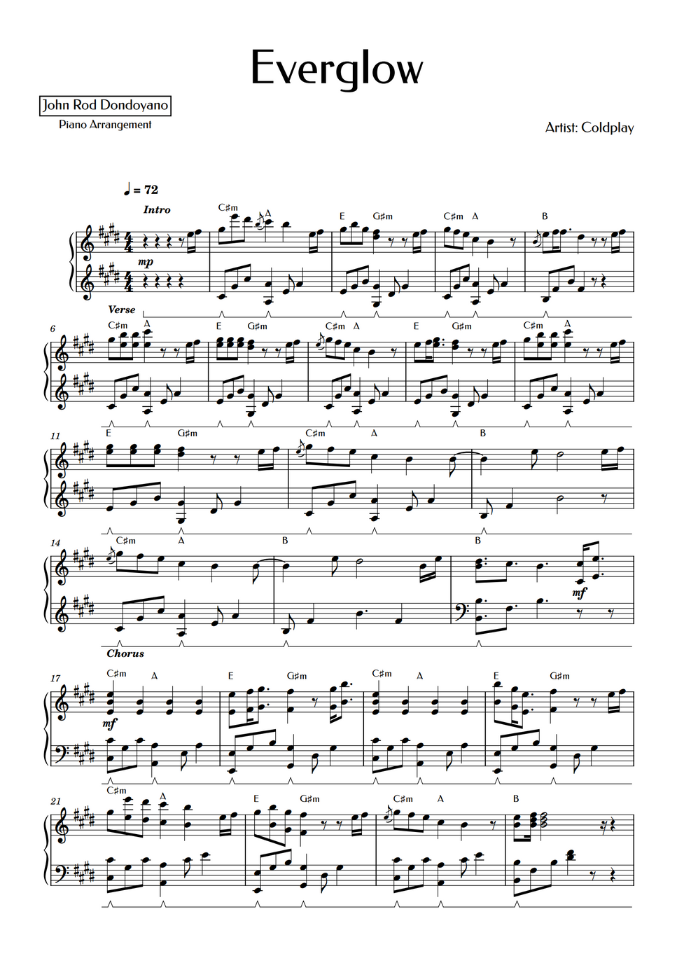 Coldplay Everglow (PIANO SHEET) by John Rod Dondoyano Partition musicale