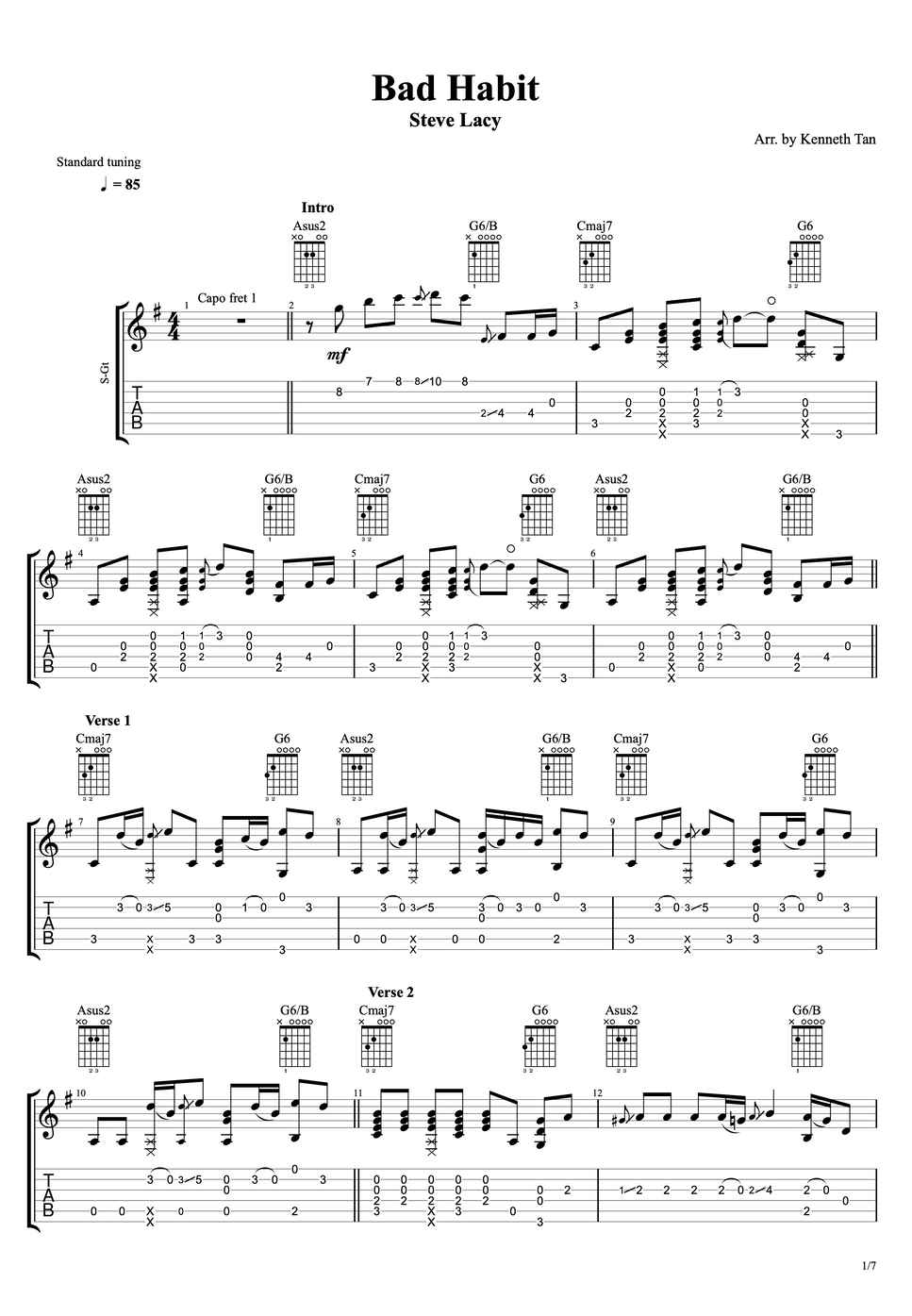 Steve Lacy Fingerstyle Guitar Bad Habit by Acoustic楽譜