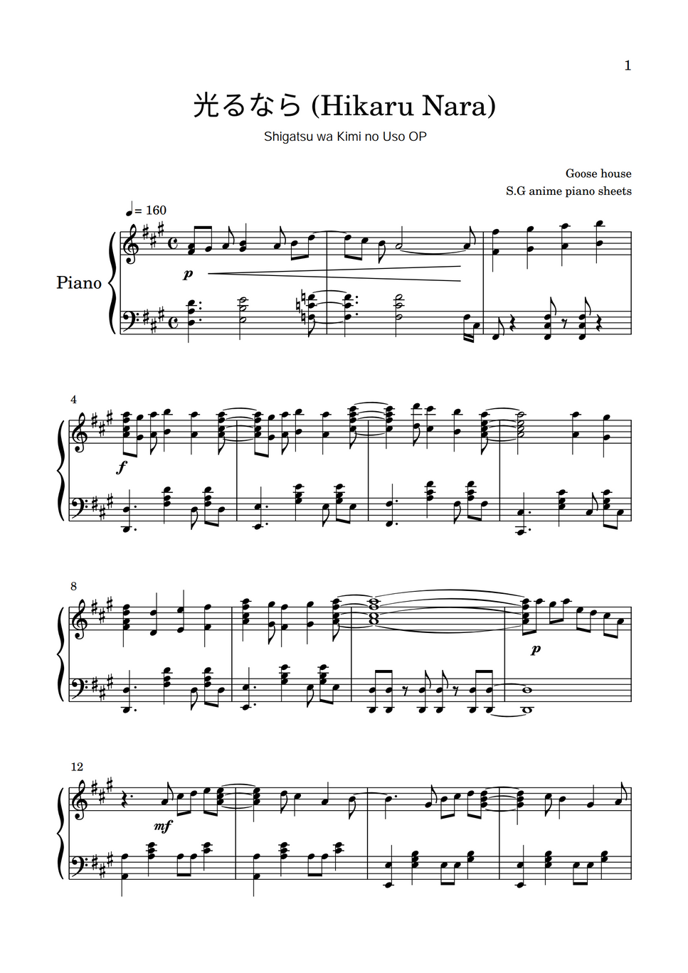 Goose house Hikaru nara by S.G Anime Pianos Sheets Sheet