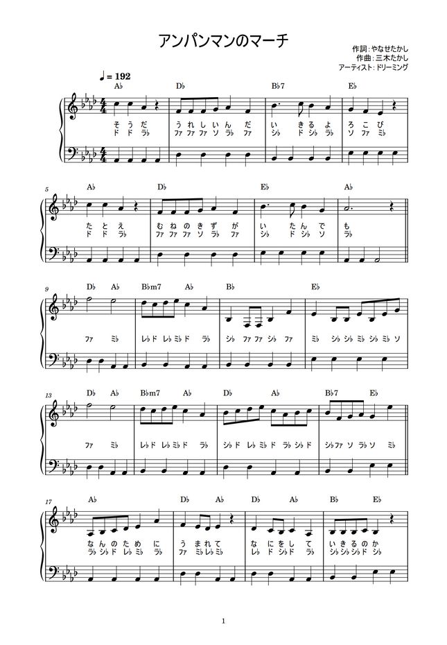 ドリーミング アンパンマンのマーチ かんたん 歌詞付き ドレミ付き 初心者 By Piano Tokyo楽譜