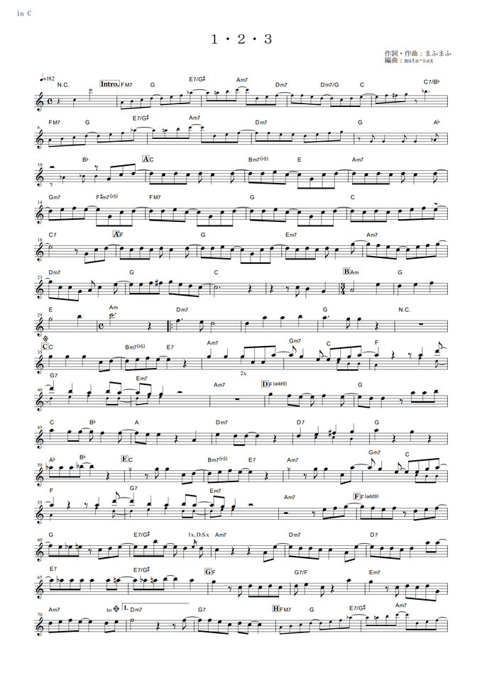 ポケットモンスター 1 2 3 In C By Muta Sax Sheet ポケットモンスター 1 2 3 In C By Muta Sax Sheet