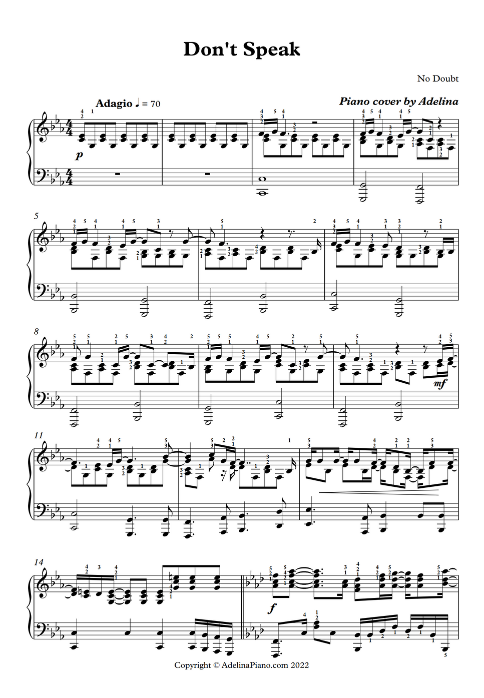No Doubt - Don't Speak Sheet by Adelina Piano