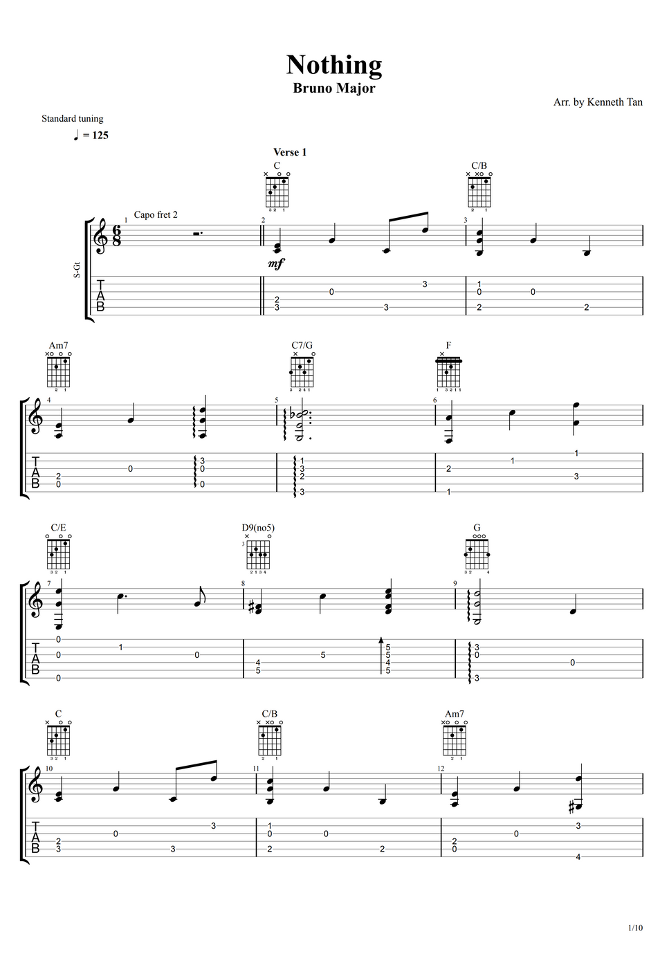 Bruno Major Nothing Fingerstyle Guitar 樂譜