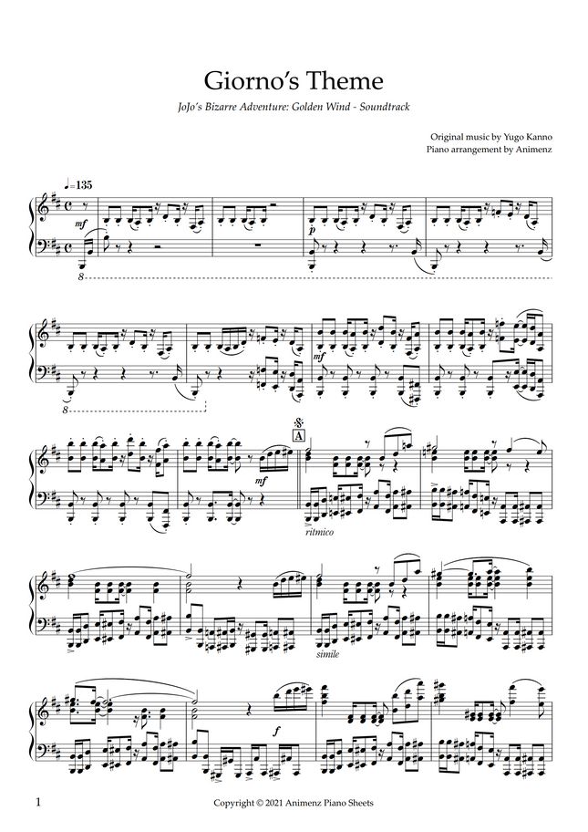 ジョジョの奇妙な冒険 5部 黄金の風 メインテーマ Il Vento D Oro ジョルノのテーマ 処刑用bgm By Animenz楽譜