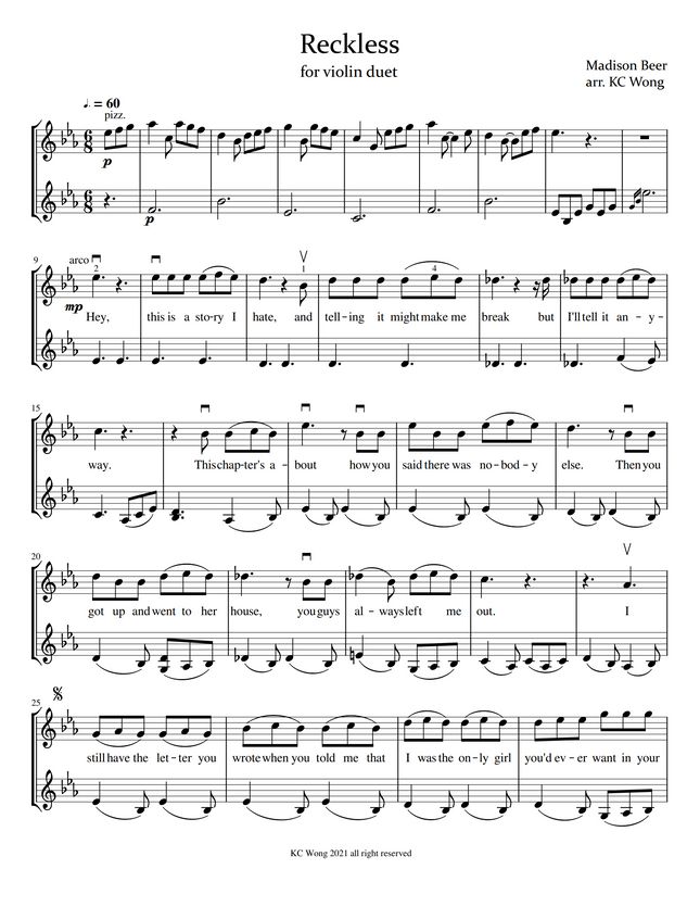 Madison Beer Reckless Violin Duet By Kc Wong Sheet Music 6729