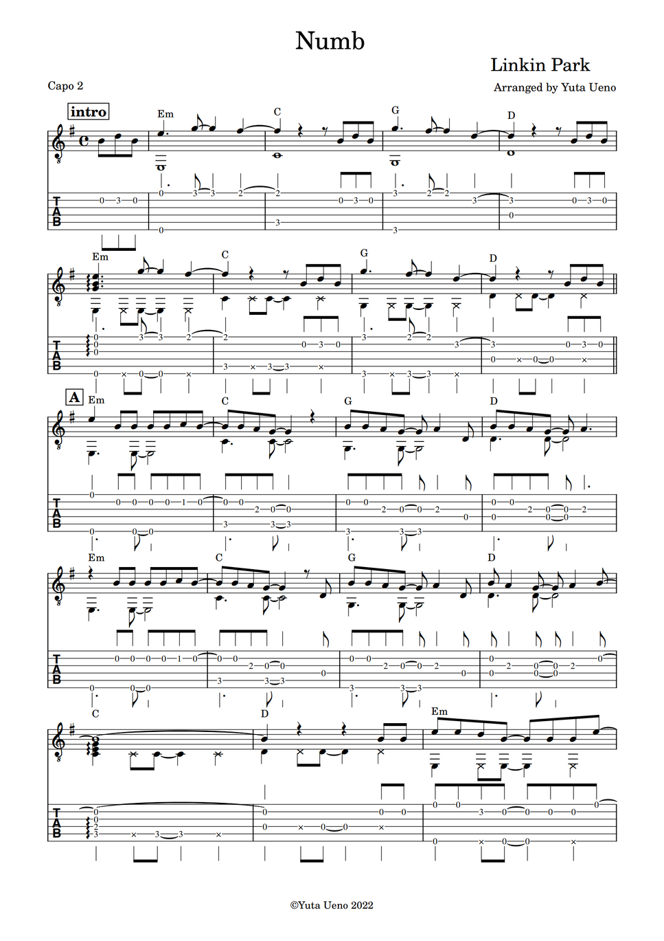 Linkin Park Numb Fingerstyle By Yuta Ueno Tab 1staff Sheet linkin-park-numb-fingerstyle-by-yuta-ueno-tab-1staff-sheet