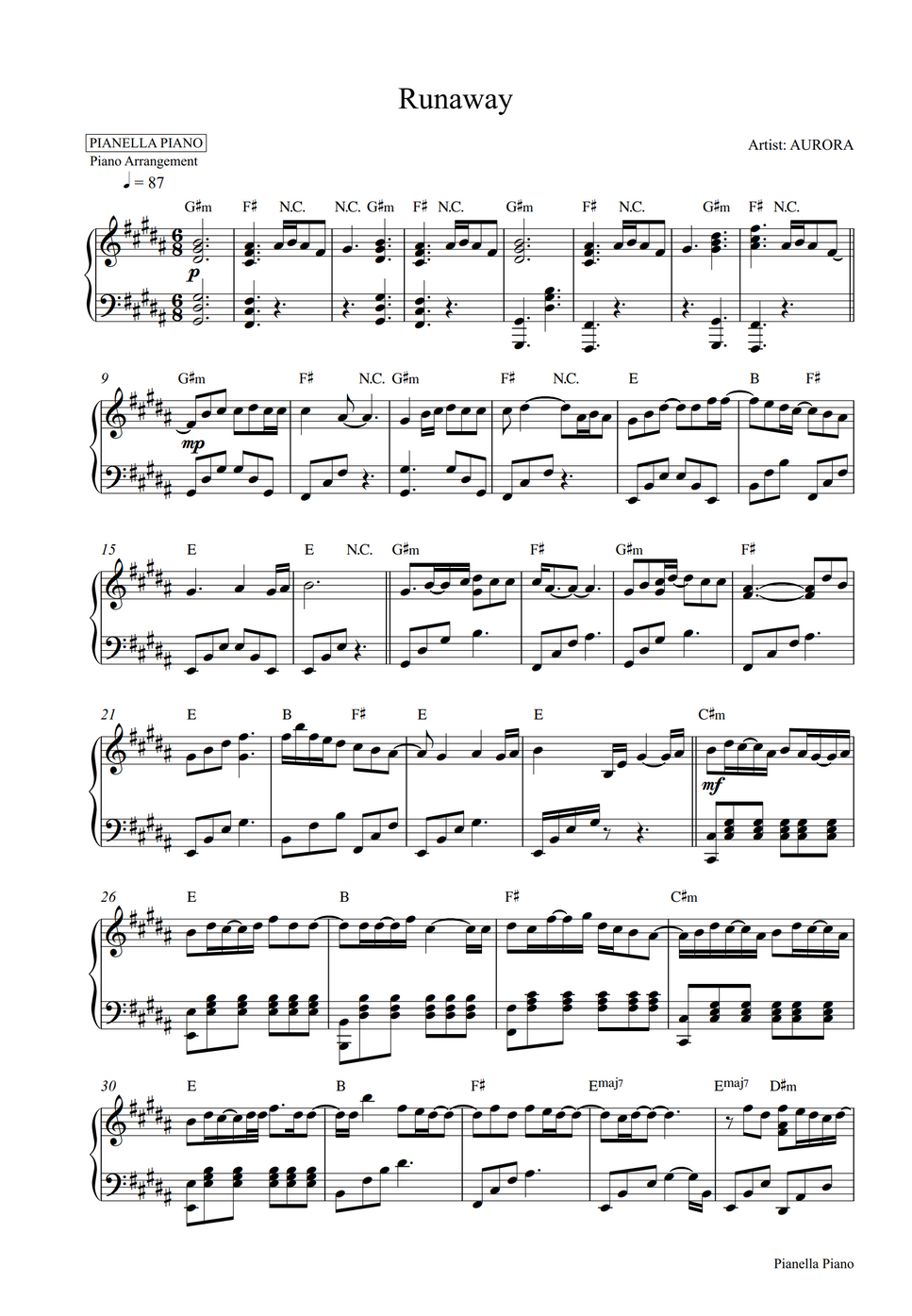 AURORA Runaway (Piano Sheet) Partition musicale by Pianella Piano