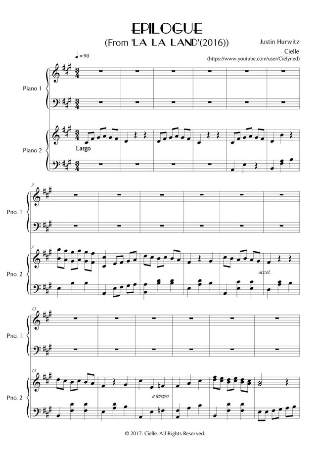 Justin Hurwitz Epilogue (for Vl./ Fl./ 2 Pianos) (La La Land OST) by
