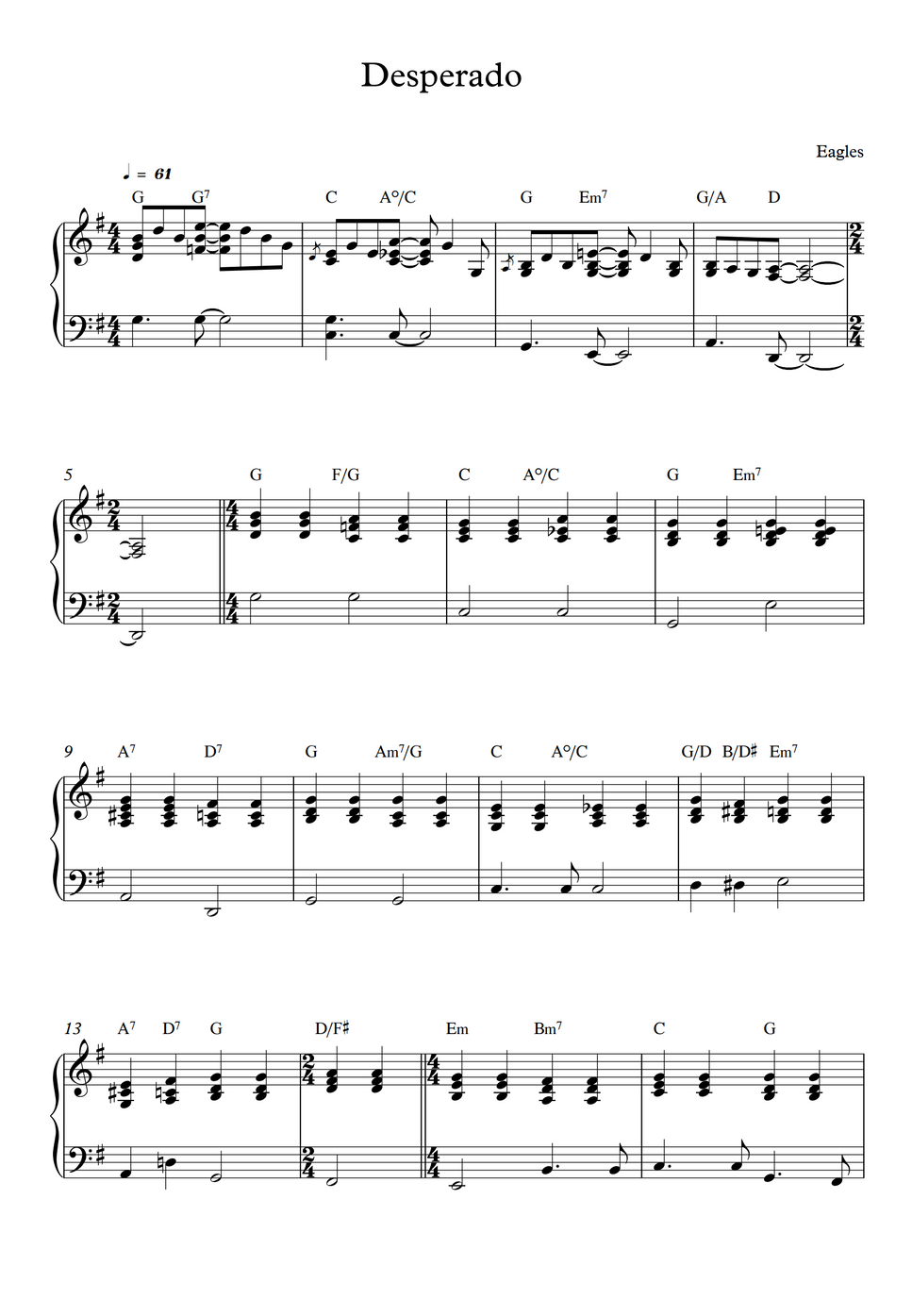 Eagles Desperado (Piano Solo) by Pineapplechord Sheet
