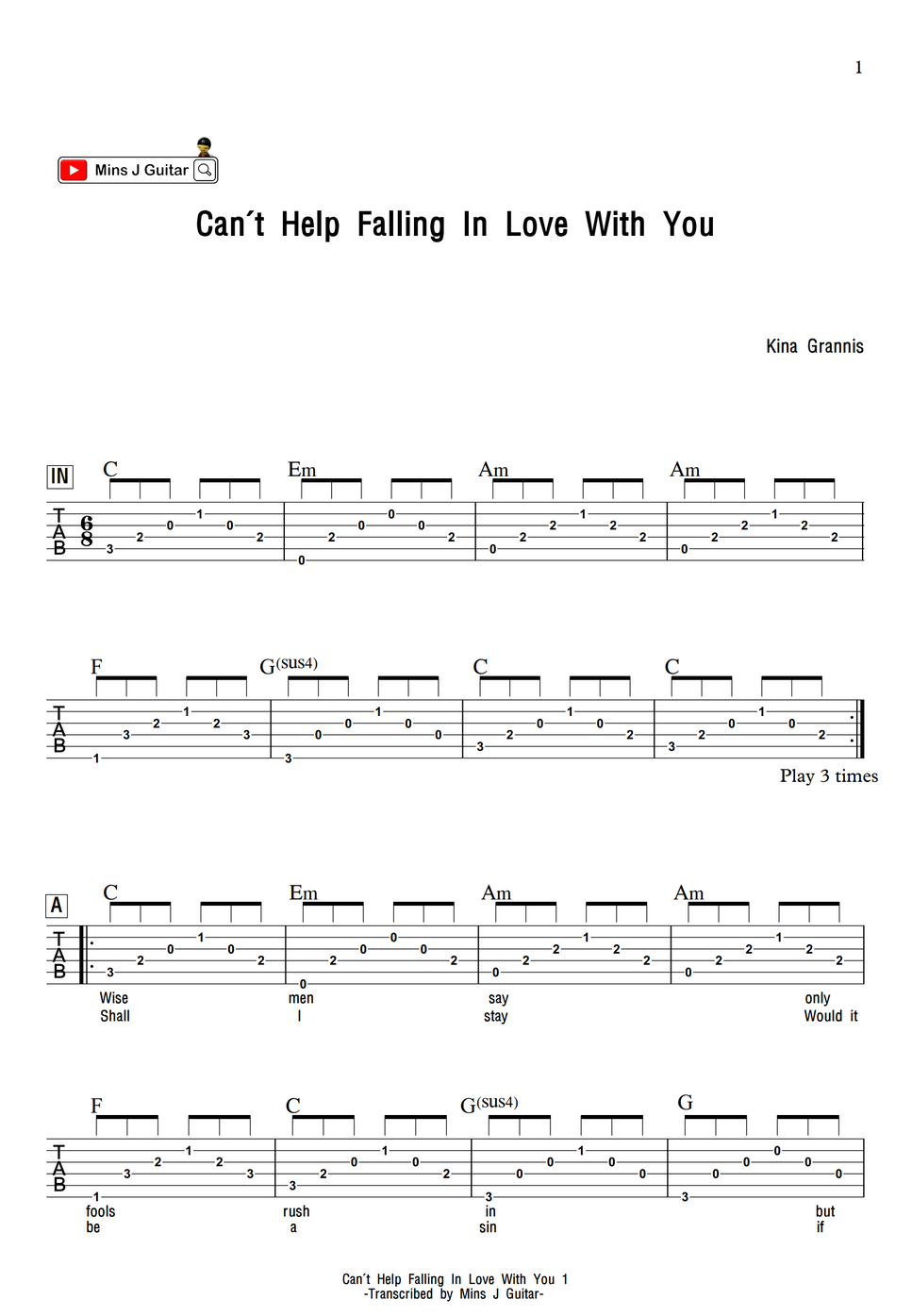 Kina Grannis - Can't Help Falling In Love with you (TAB & Chord) by Mins J  Guitar Sheet