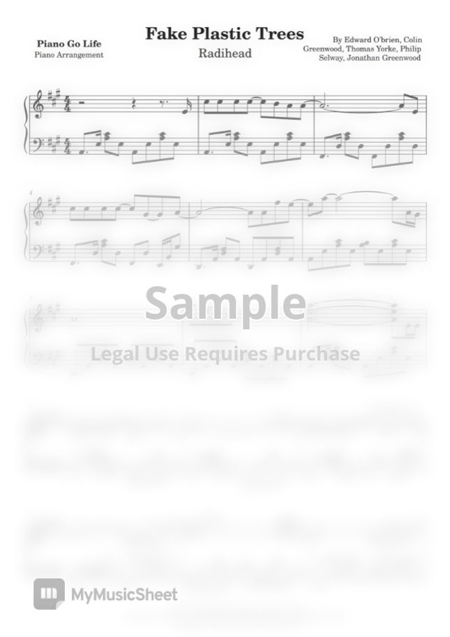Radiohead Fake Plastic Trees by Piano Go Life Sheet Music