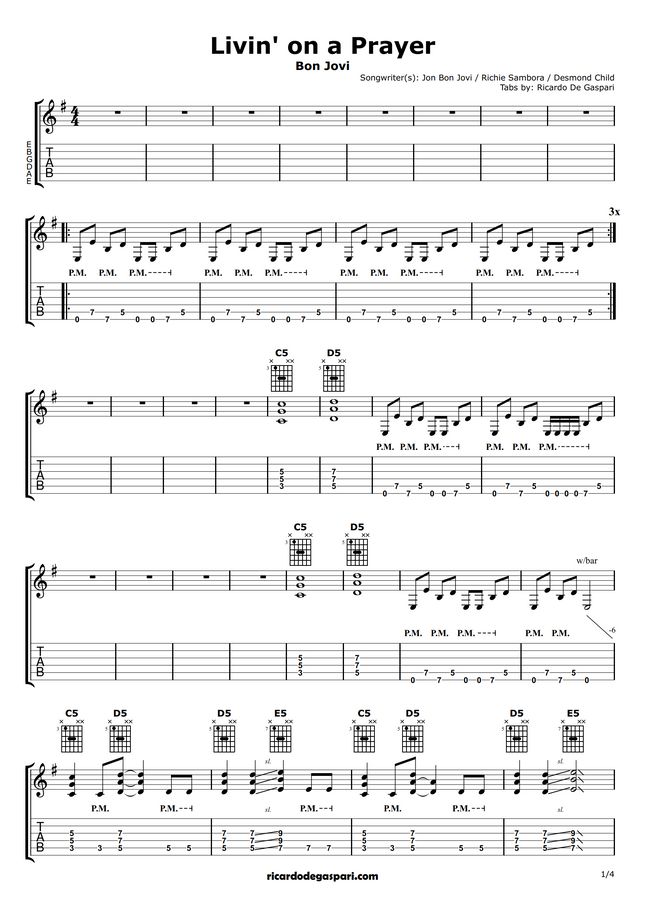 Bon Jovi - Livin' on a Prayer (for one guitar) by Ricardo De Gaspari