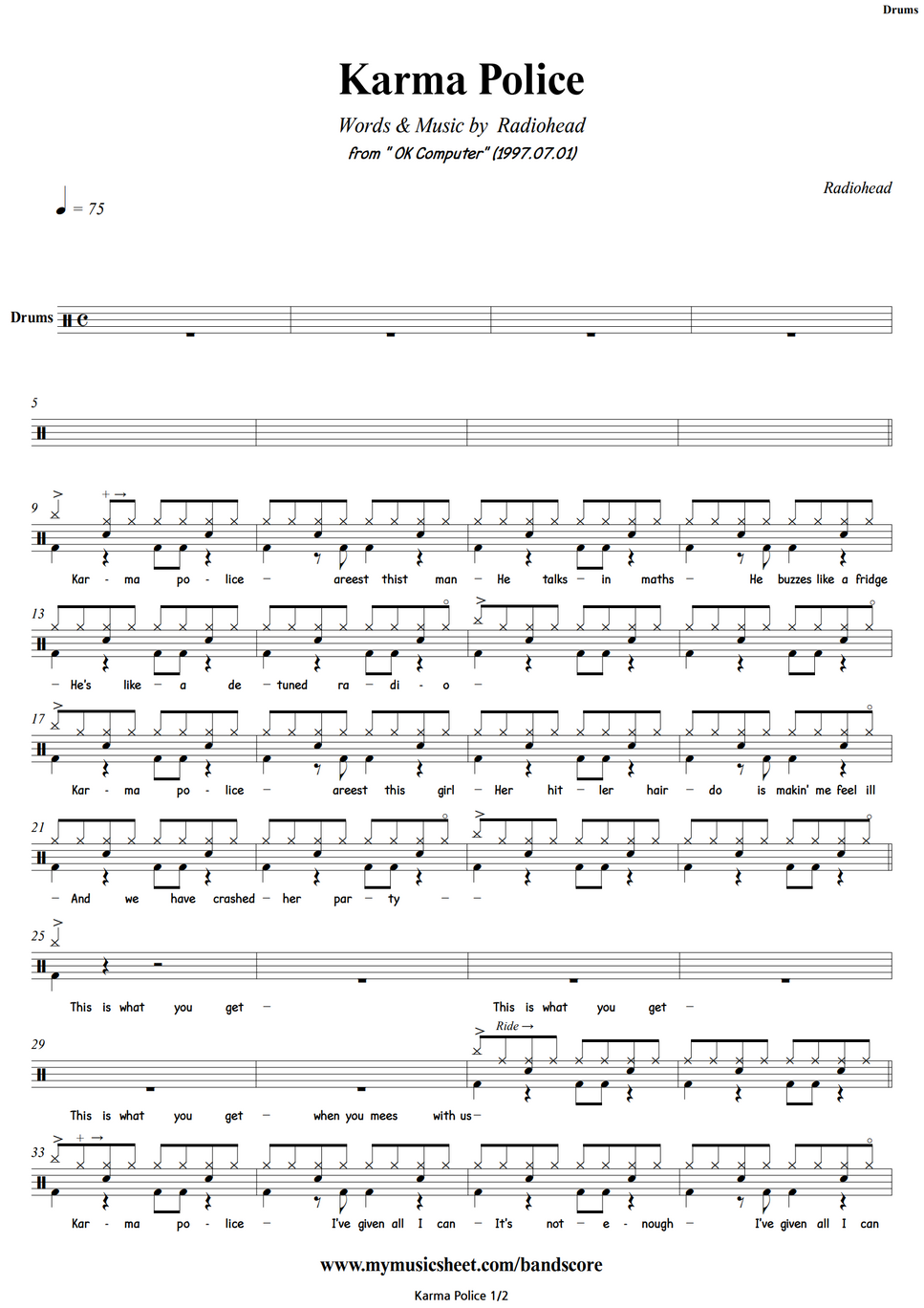 Radiohead Karma Police Drums Spartito
