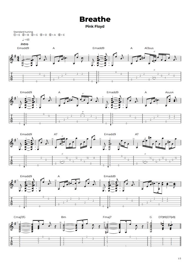 Pink floyd breathe by nikola gugoski sheet music