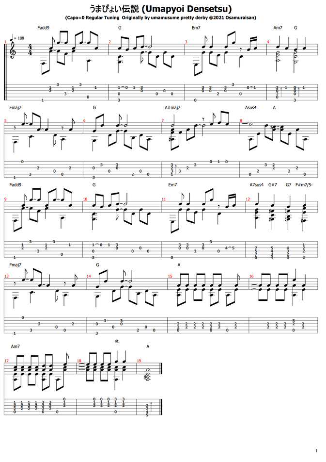 ウマ娘 プリティーダービー うまぴょい伝説 ガチャbgm ソロギター By おさむらいさん Tab 1staff Sheet