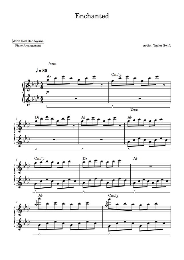 Taylor Swift Enchanted (PIANO SHEET) by John Rod Dondoyano Sheet Music
