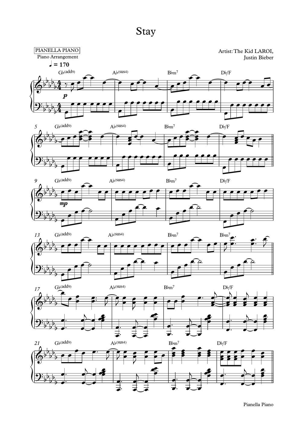 The Kid LAROI, Justin Bieber STAY (Piano Sheet) Sheet by Pianella Piano