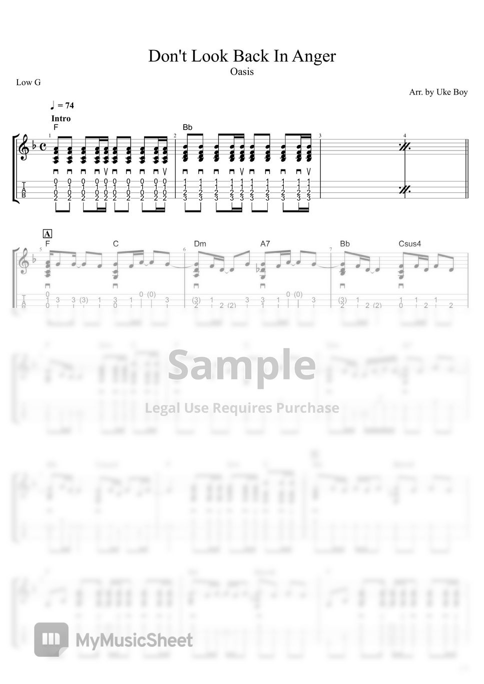 Oasis Don't Look Back In Anger 楽譜 by 우쿨소년