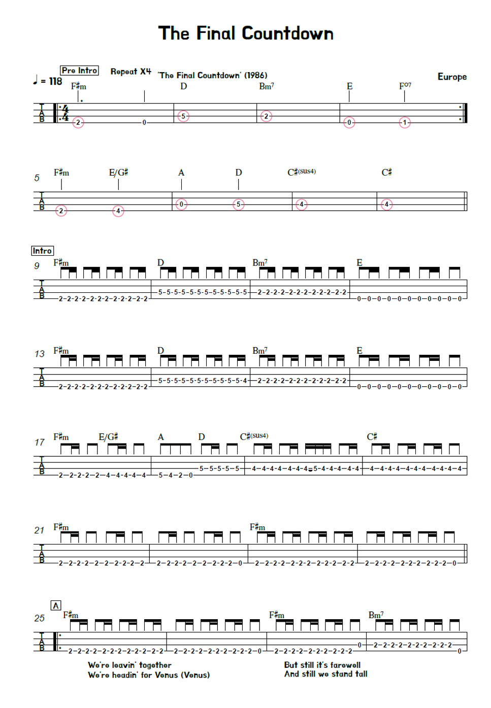 Europe - The Final Countdown Bass Guitar TAB PDF | 김미(Kimme) | mymusic5