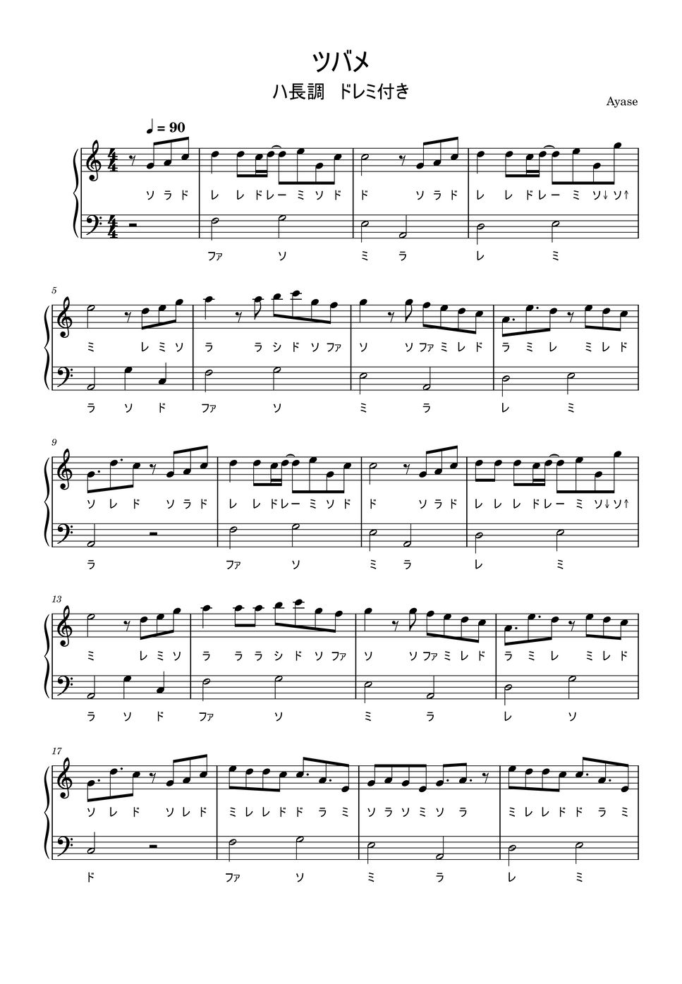 ツバメ (ハ長調ドレミ付きの簡単楽譜です) by ピアノ塾
