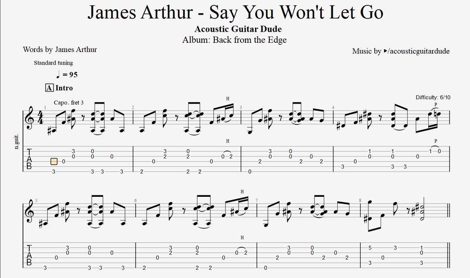 James Arthur - Say you won't let go (Romantic groovy fingerstyle) TAB ...