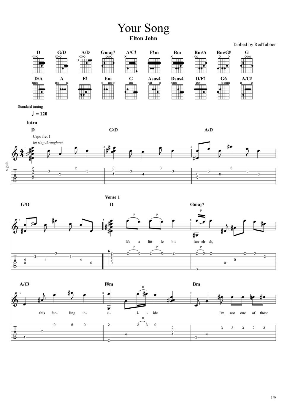 Elton John Your Song (Fingerstyle) TAB by RedTabber Elton John Your Song (Fingerstyle) TAB by RedTabber