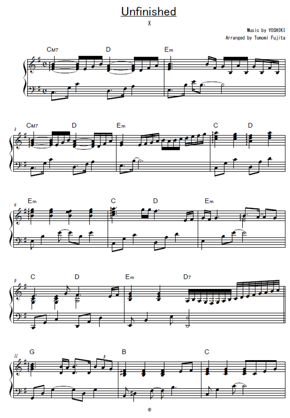 X JAPAN - Unfinished (short ver.) ピアノ61鍵盤楽譜PDF | piano